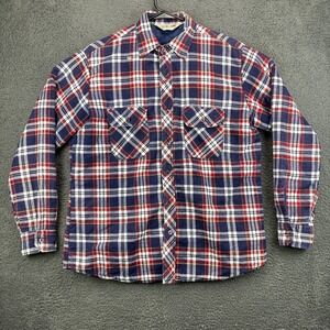 Vtg BERKLEY & BROWN Mens Large Plaid Quilted Lined Flannel Shirt Jacket Blue Red